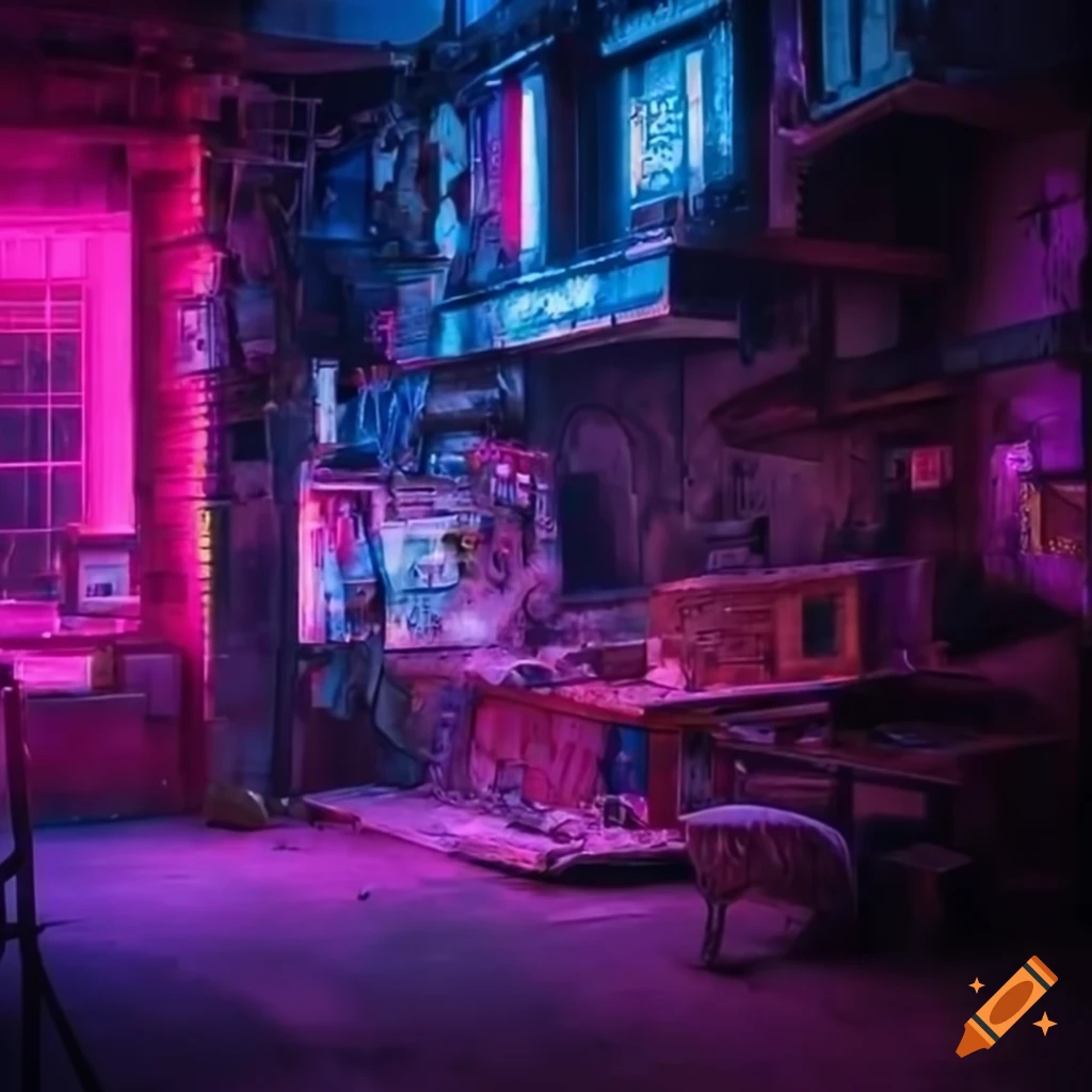 Neon-lit cyberpunk workshop
