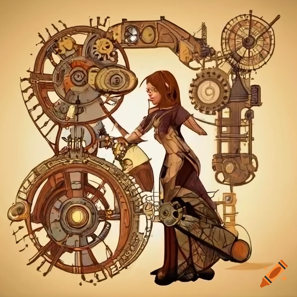Steampunk illustration of girl with mechanical elements on Craiyon