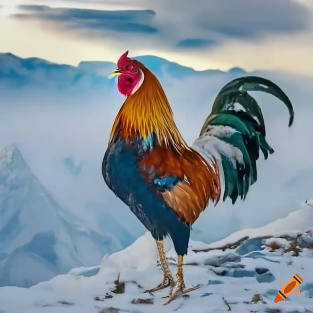 colorful rooster standing on a snowy mountain