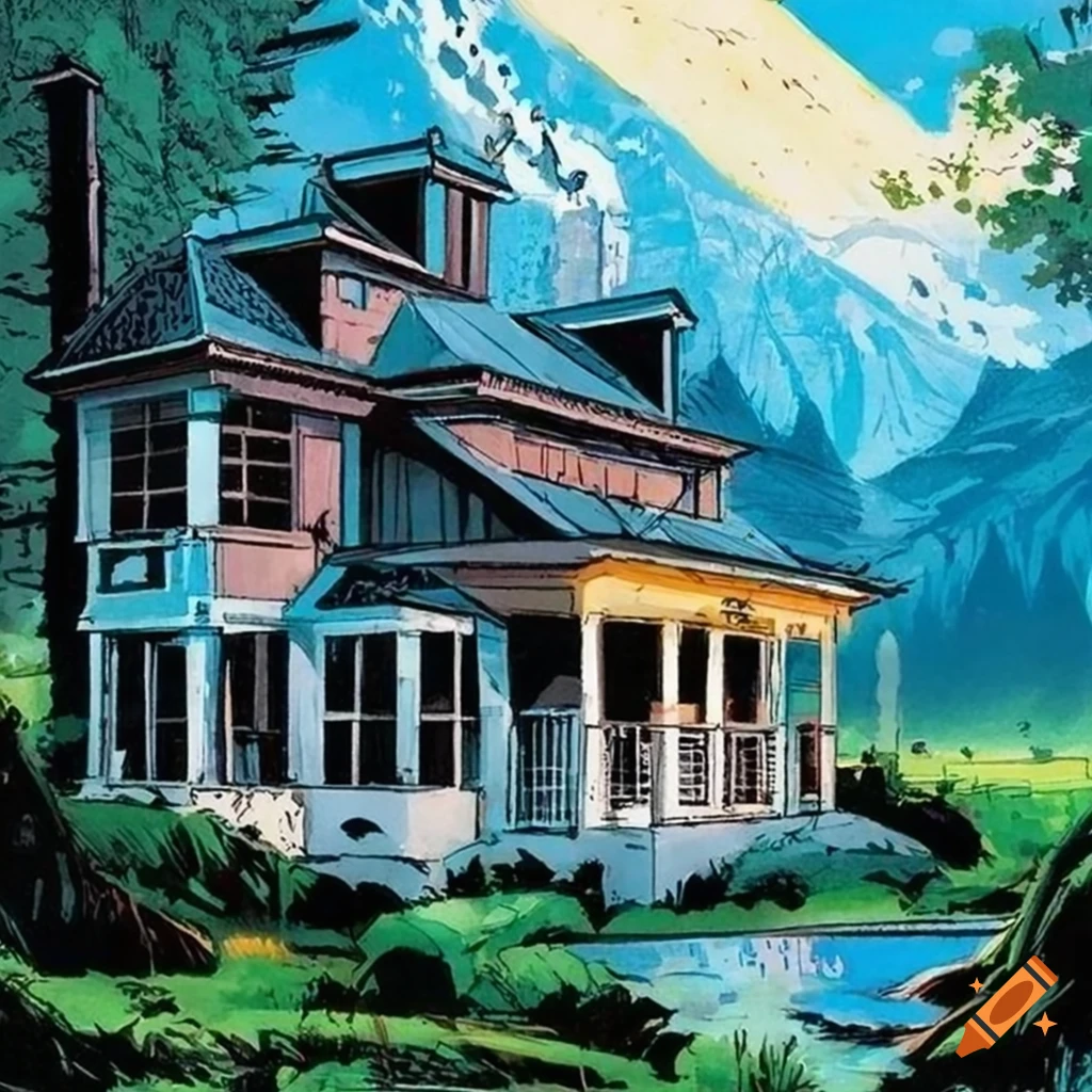 comic-style depiction of an epic house on a lake