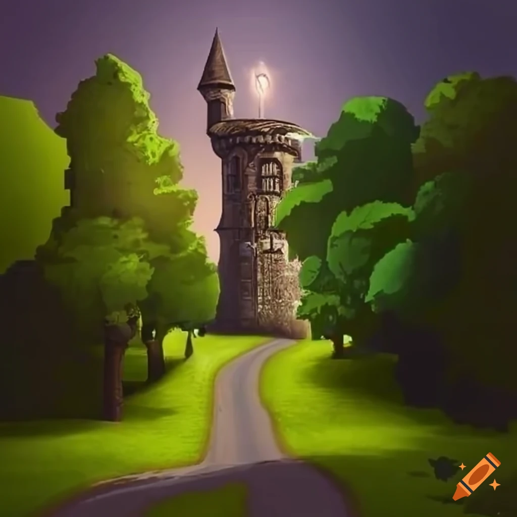 image of a green landscape with a refurbished wizard tower turned brewery