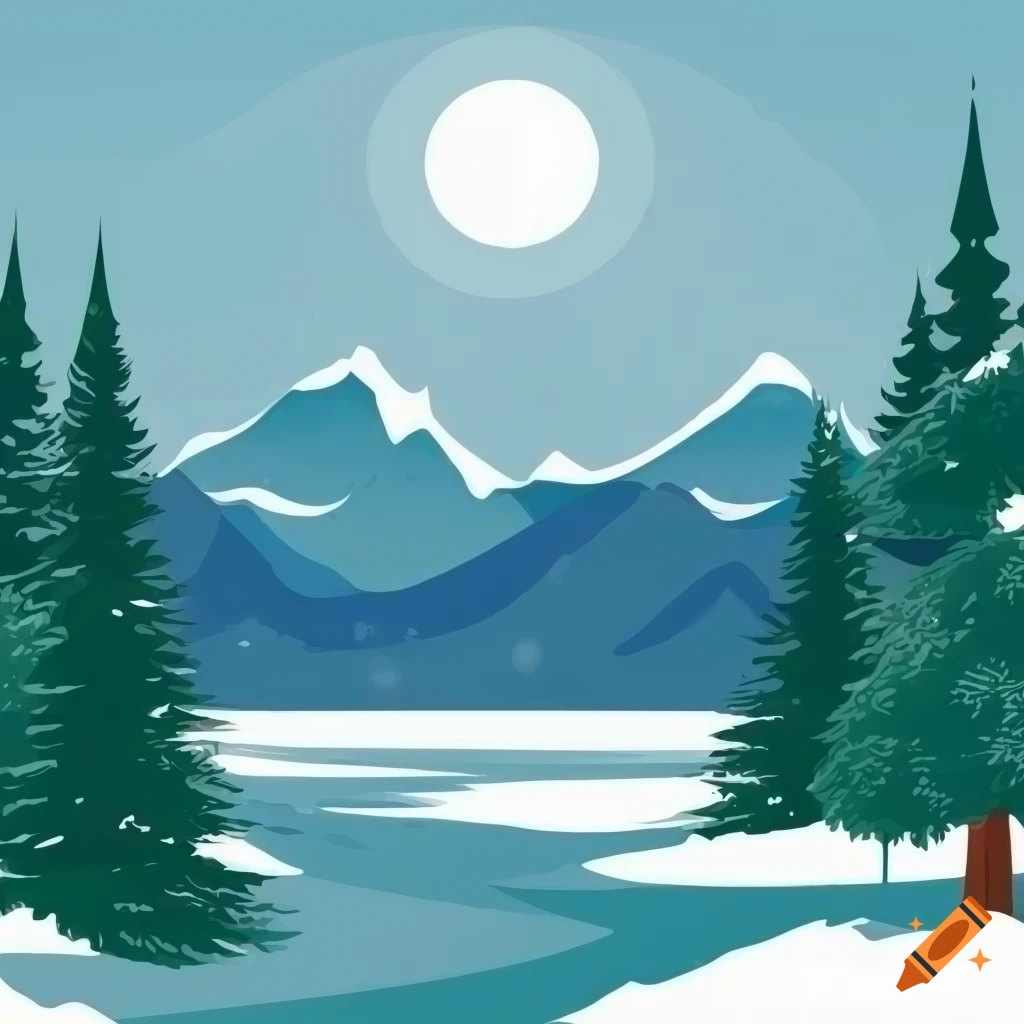 vector art of an evergreen forest with snowy mountains