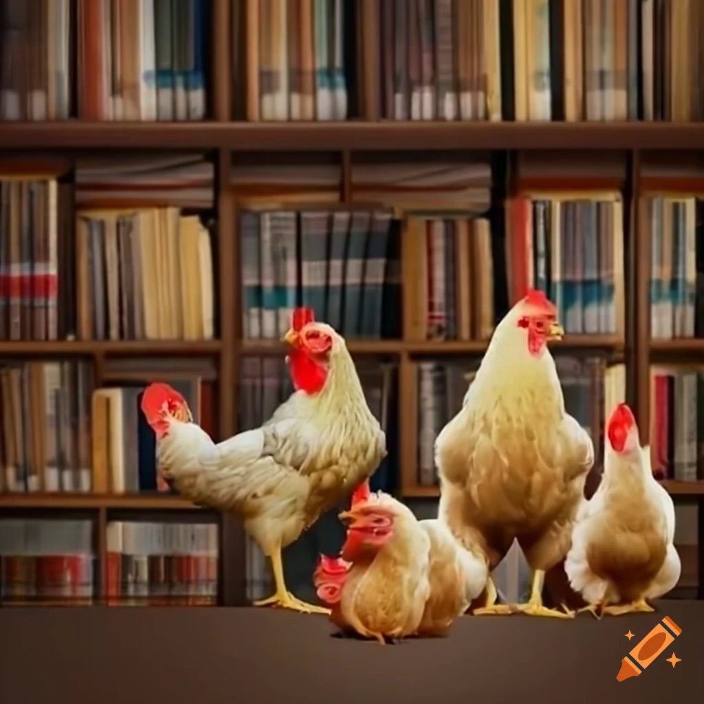 Chickens reading in a library on Craiyon
