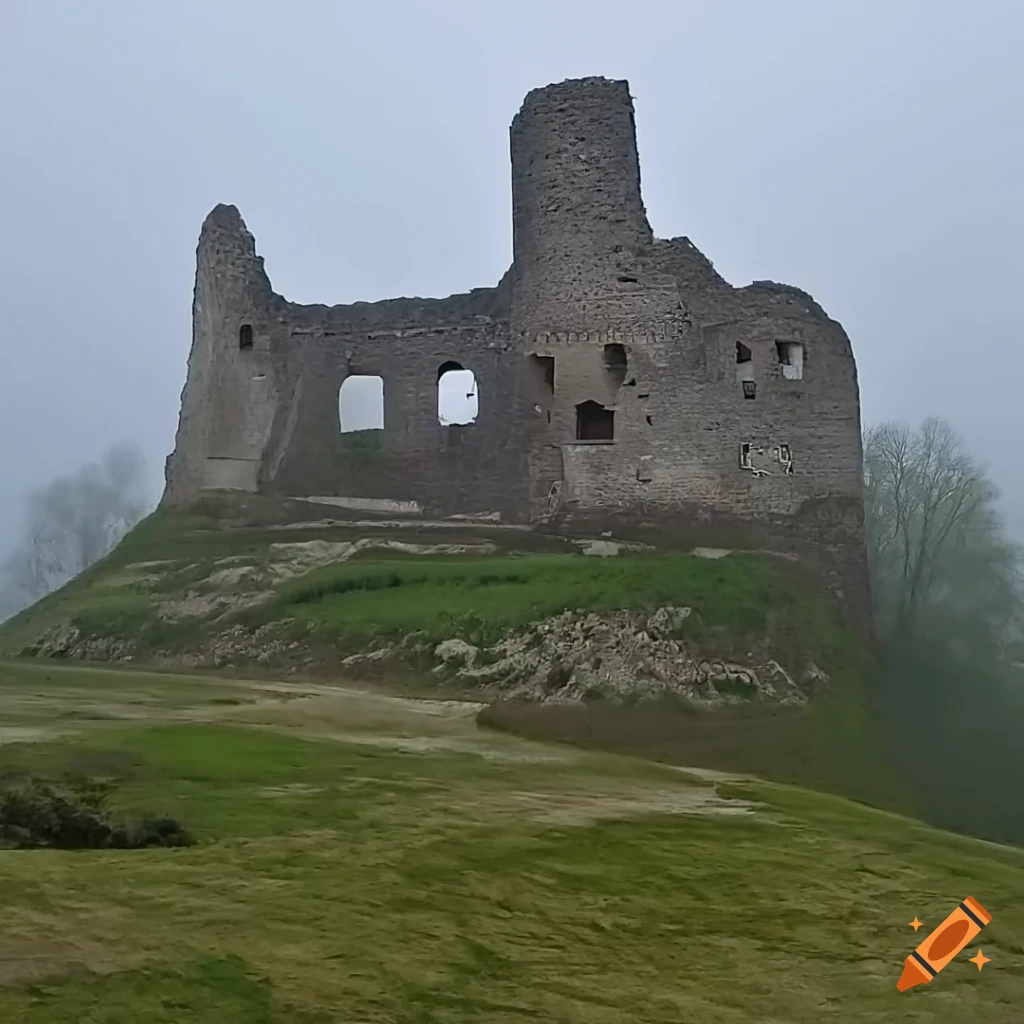 Moonlit ruins of a medieval castle in a misty forest on Craiyon