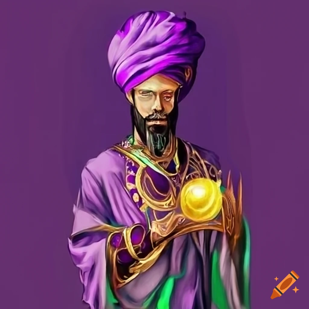 image of a sorcerer with a purple turban and golden orb