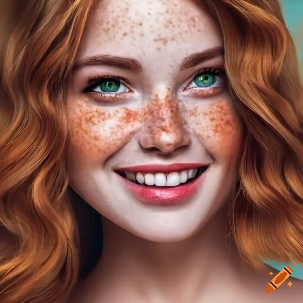 Close Up Portrait Of A Beautiful Smiling Woman With Freckles On Craiyon 