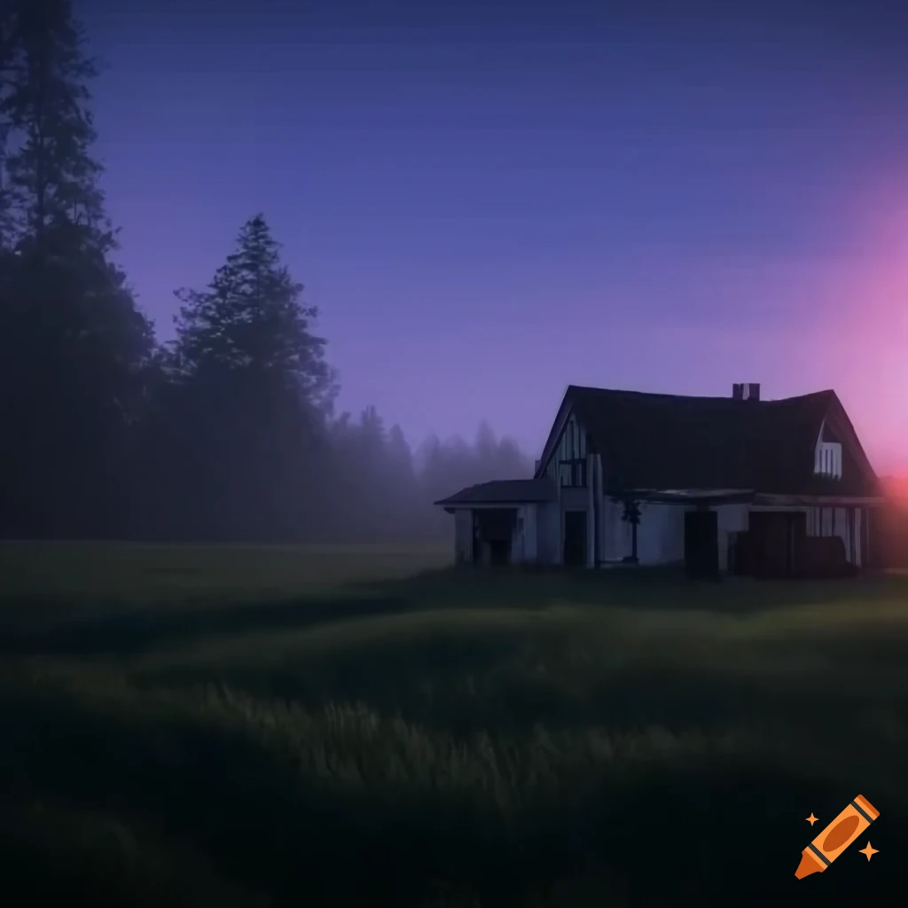 sunset view of a farmhouse on a hill surrounded by forest and field