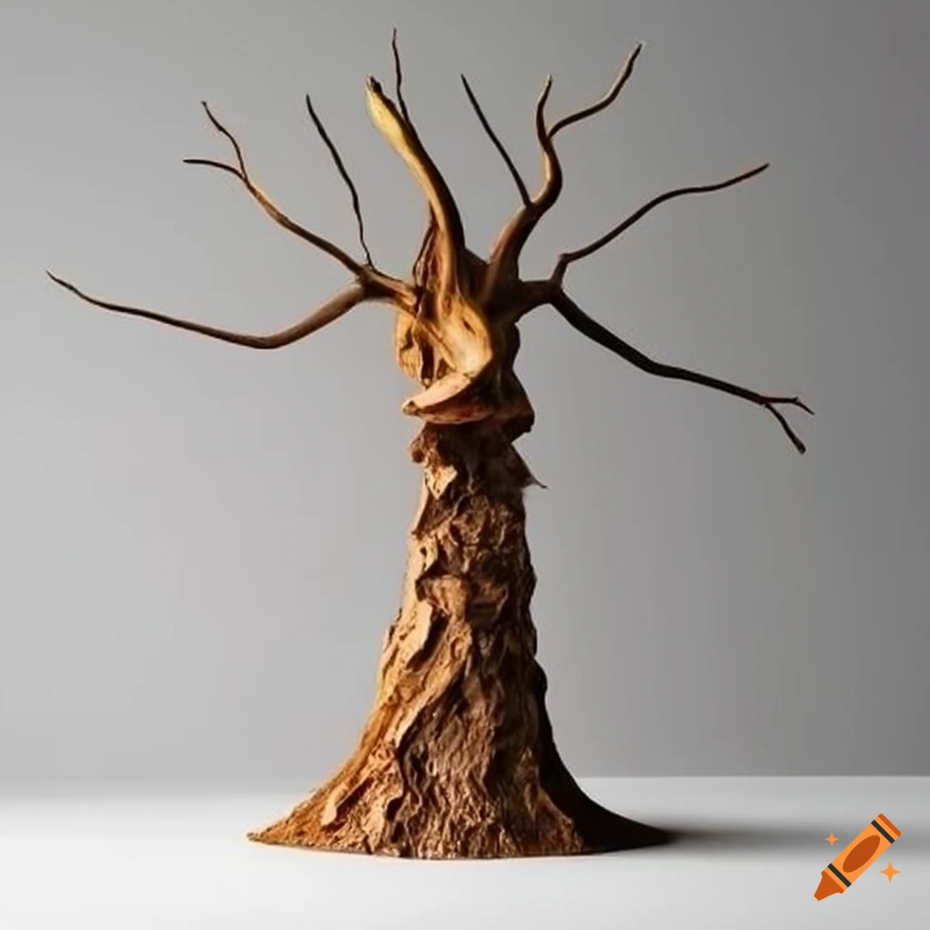 quirky sculpture of a tree holding object