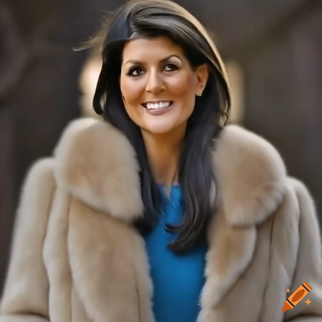 Nikki haley in a white fur coat