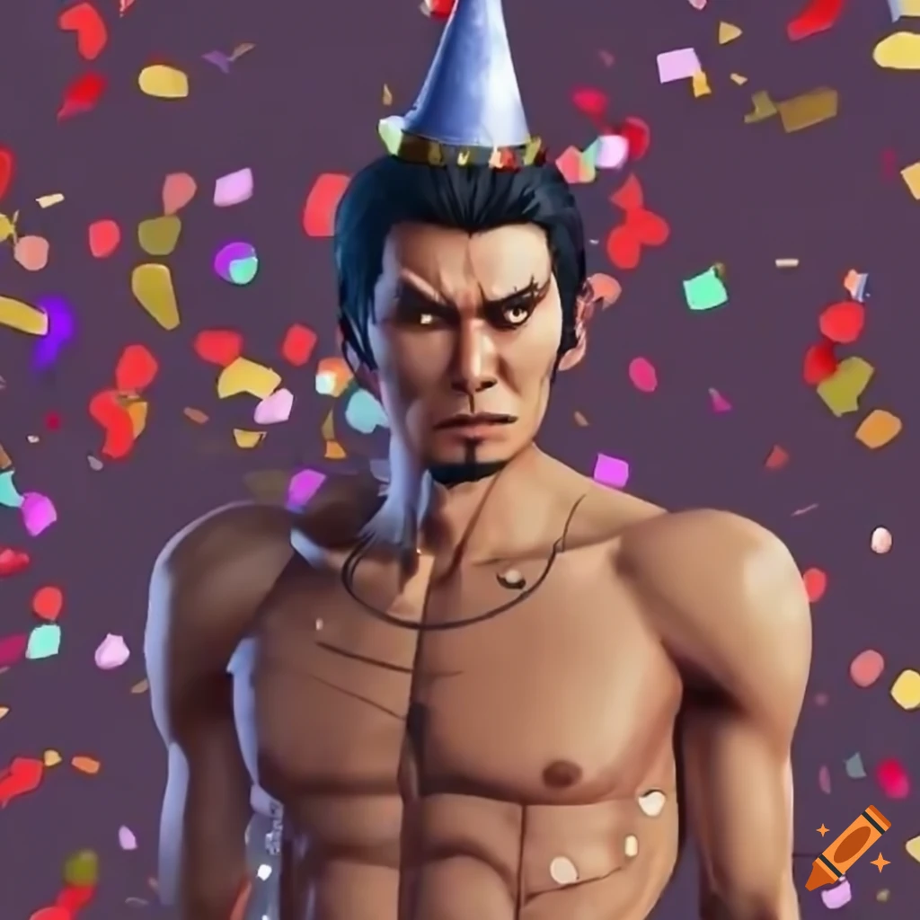 Kiryu Kazuma wearing a party hat on Craiyon