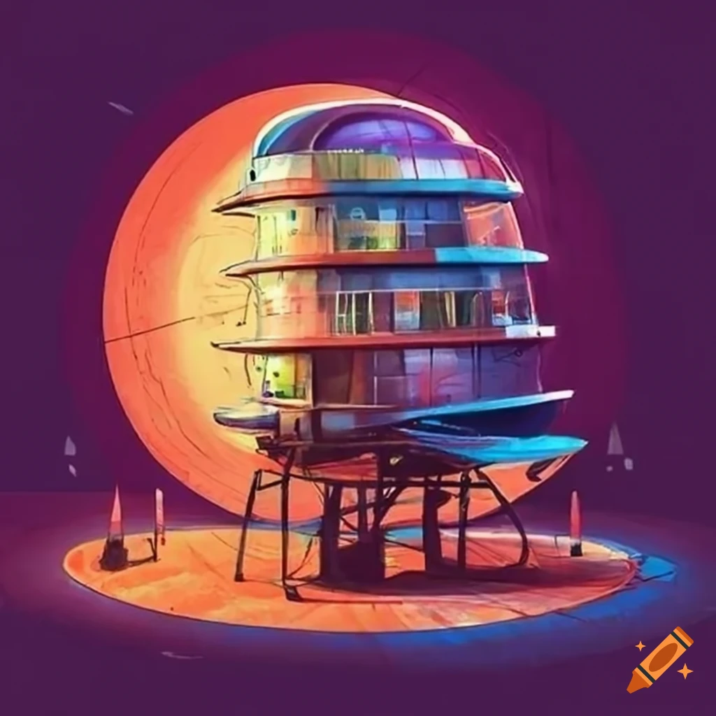 Detailed technical drawing of a retro futurism living pod with unique