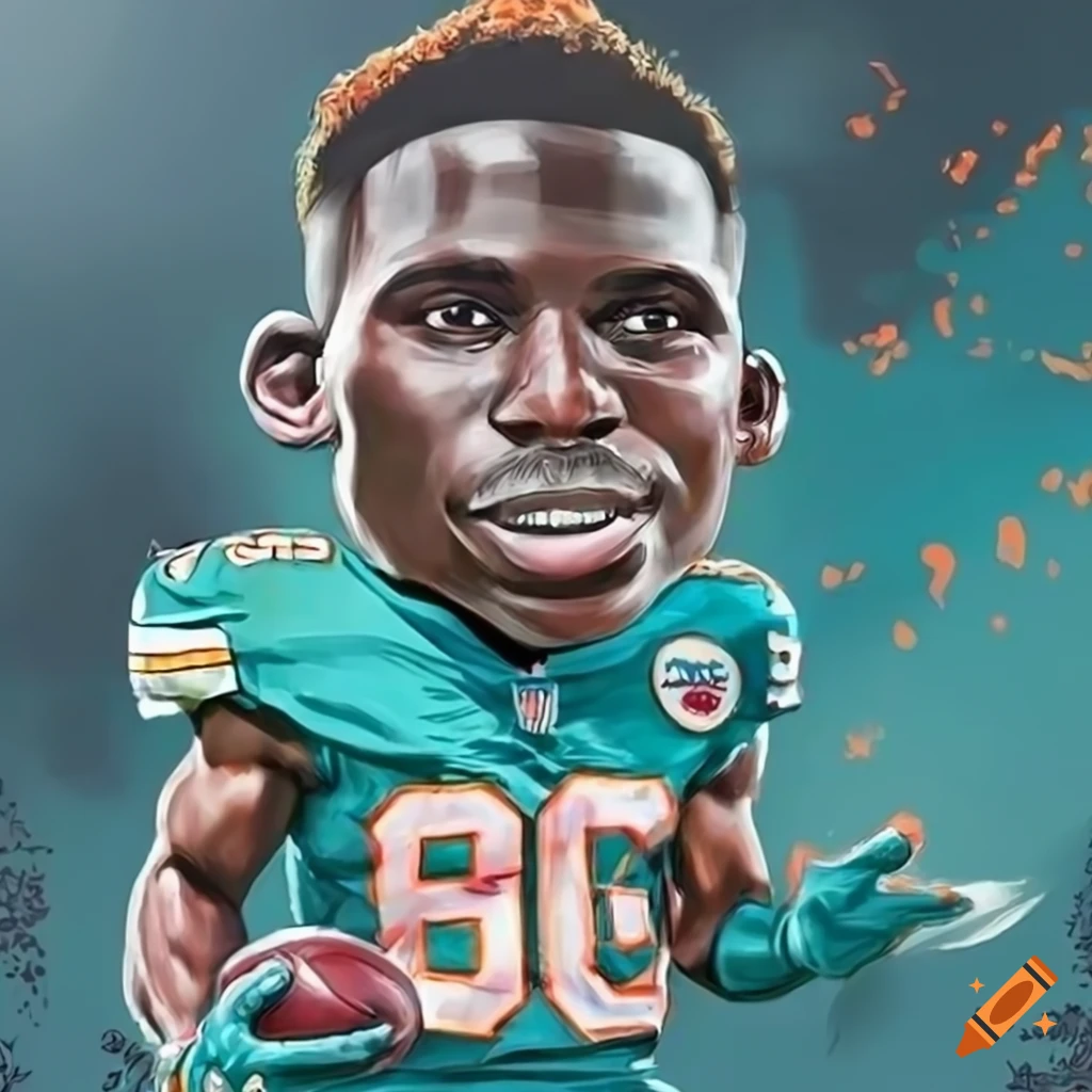 Caricature illustration of tyreek hill in dolphins uniform