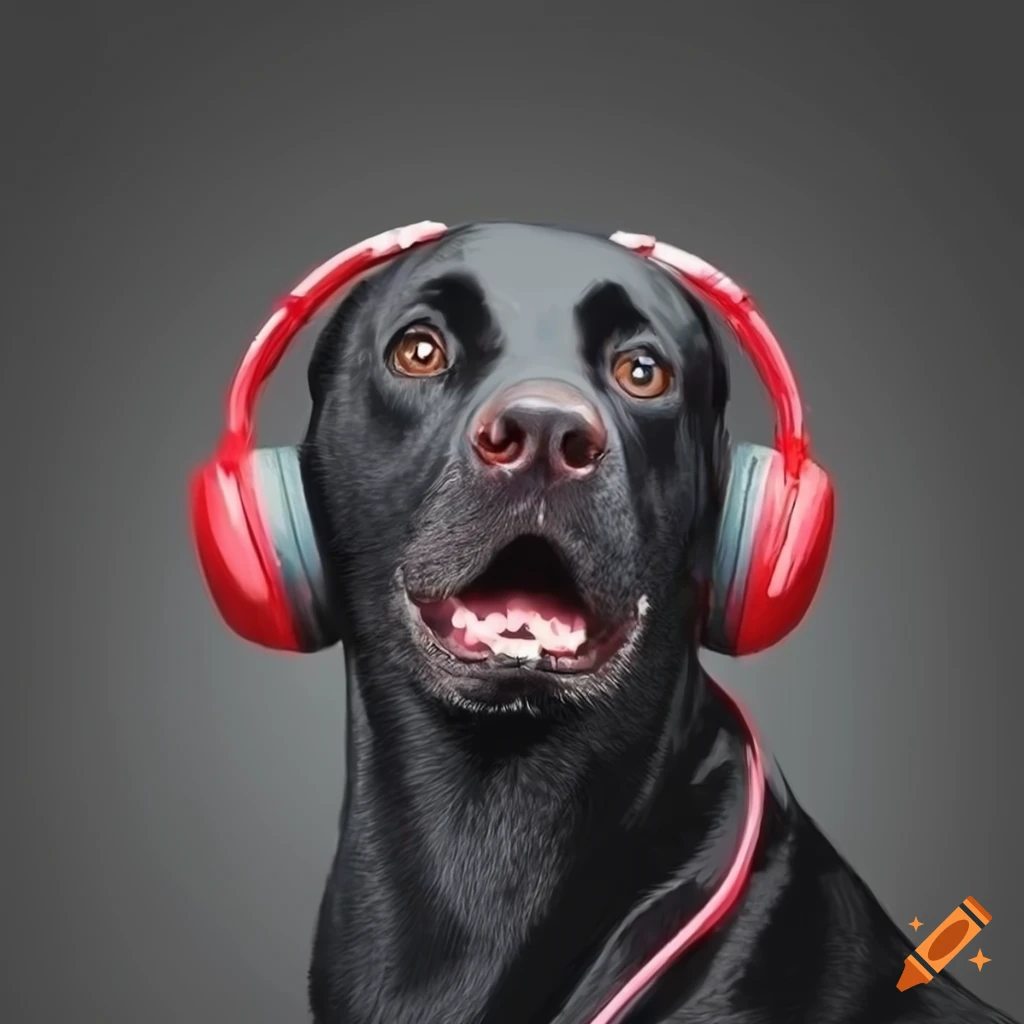 Black Labrador wearing headphones