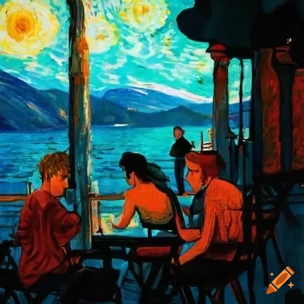 impressionistic painting of a coastal cafe scene