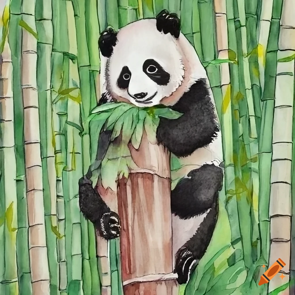 watercolor of a panda in a bamboo forest