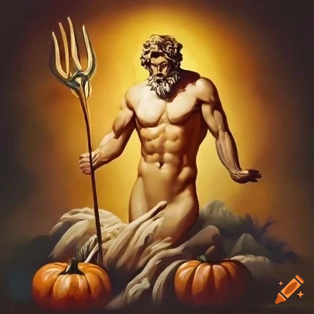 classical painting of Poseidon in a pumpkin spice sea