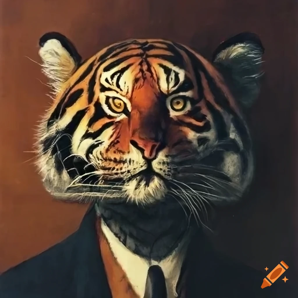 Painting of a tiger wearing a suit on Craiyon