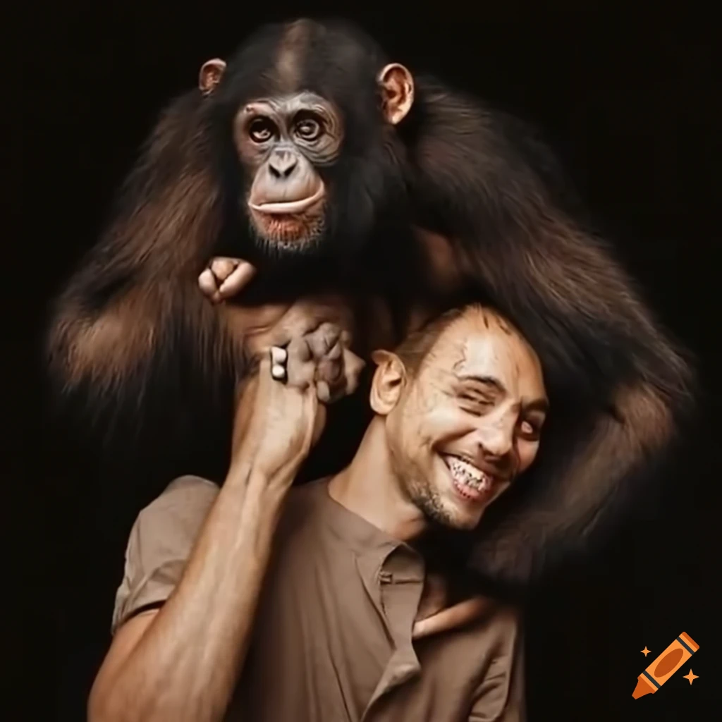 man playing with a chimpanzee