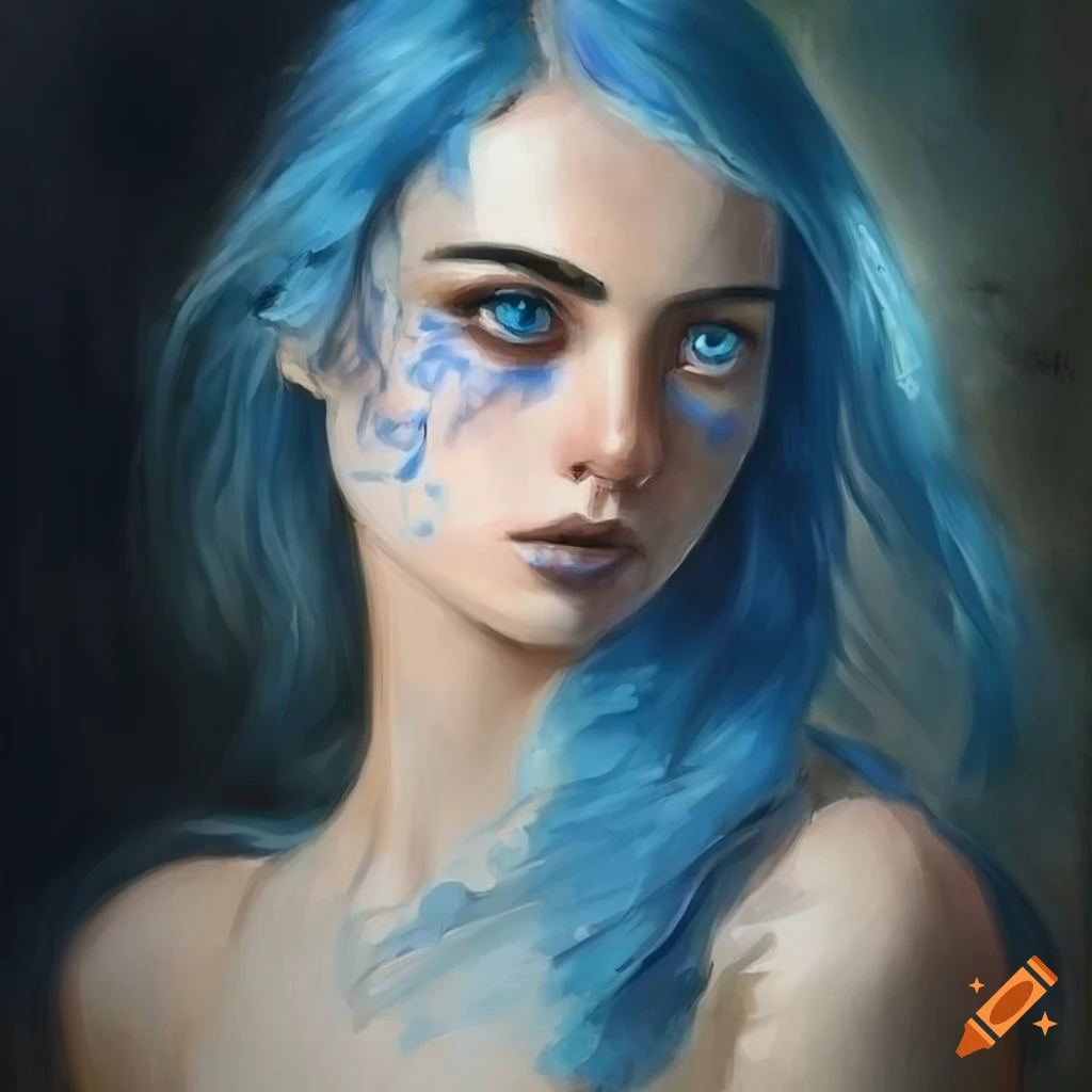 Close up portrait of a woman with blue and dark hair on Craiyon