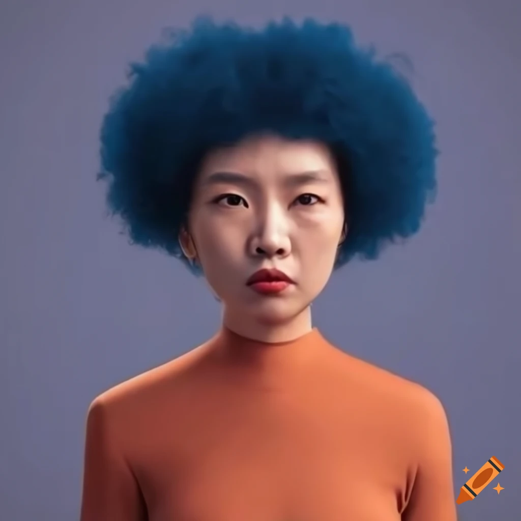 portrait of a middle-aged Asian woman with blue afro-textured hair