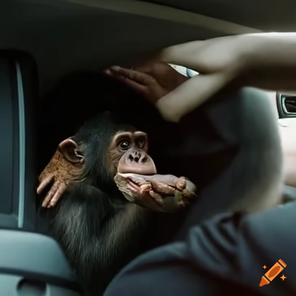 mischievous chimpanzee causing chaos in a car