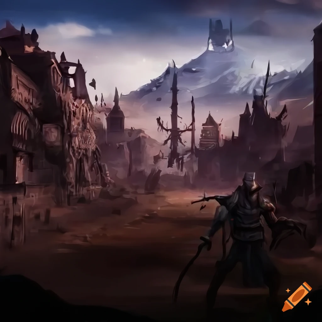 epic game brand artwork of a heroic armored warrior in a devastated village