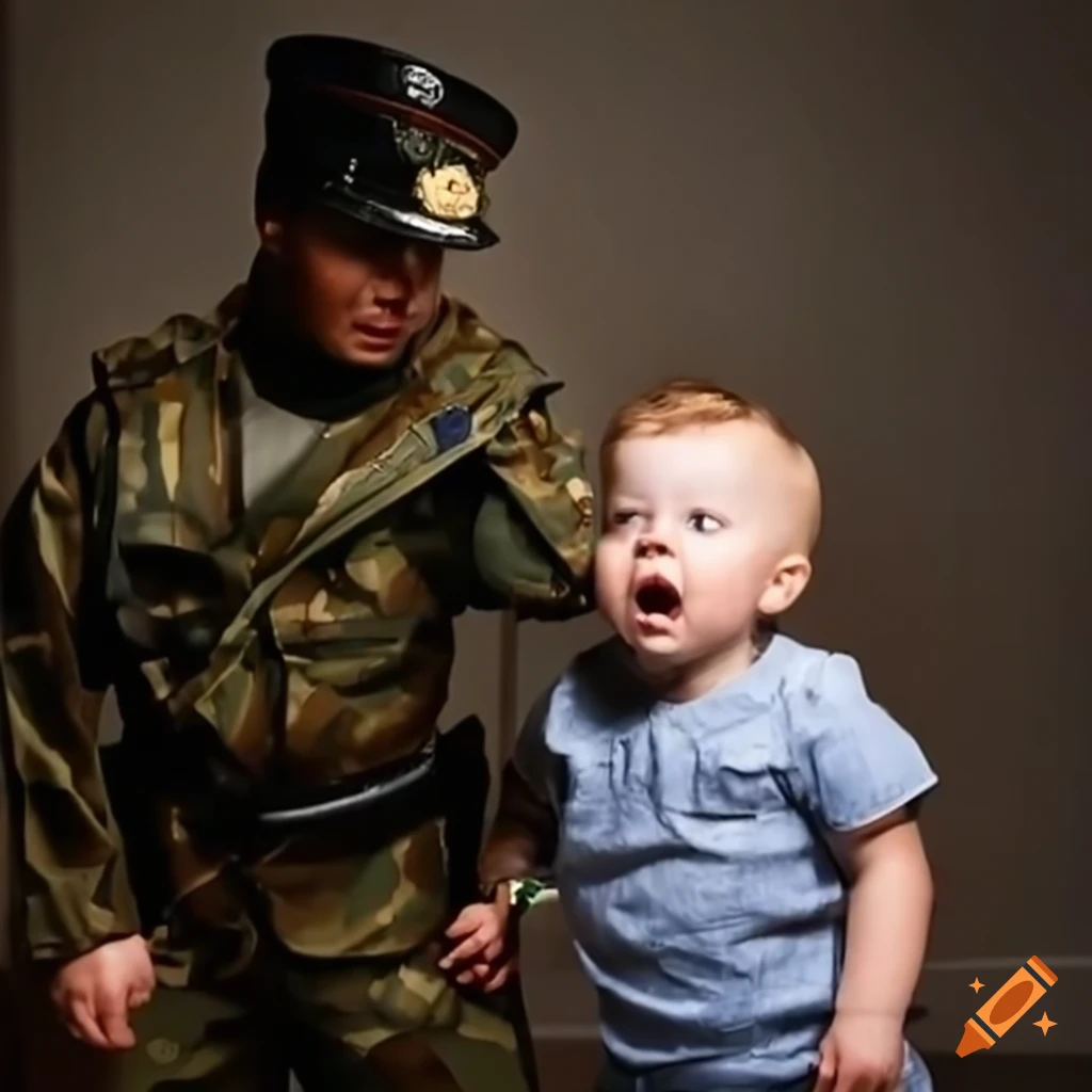 toddler boys in military uniforms shouting at each other