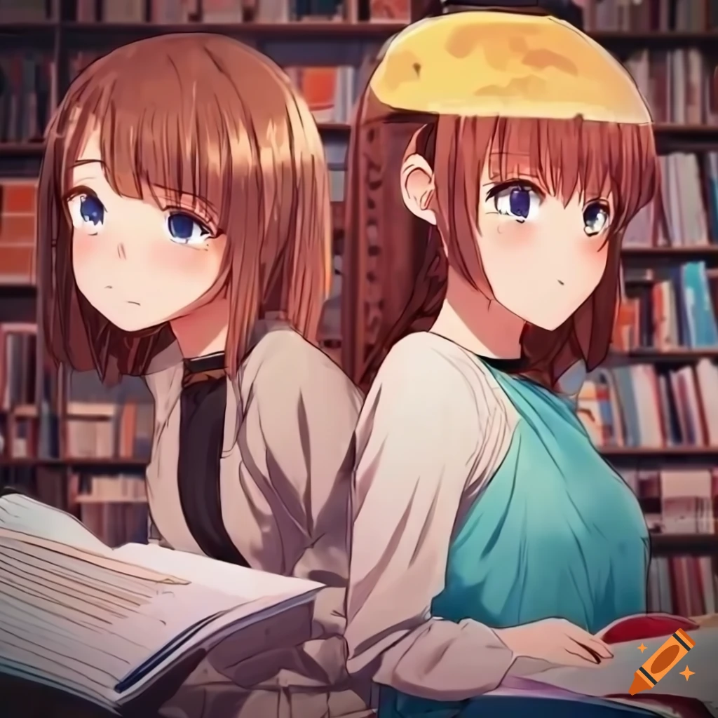 anime girls studying in a bookstore on a rainy day