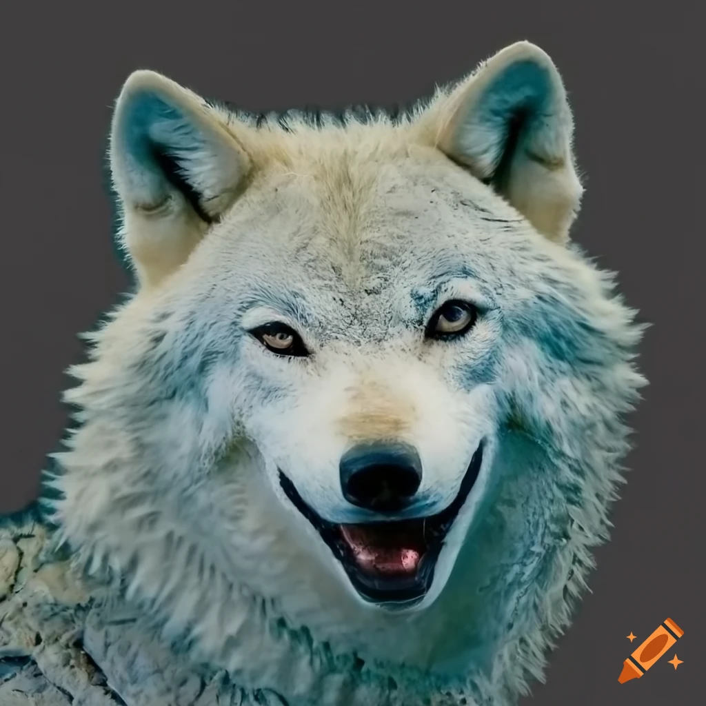 white wolf covered in mud with a joyful expression