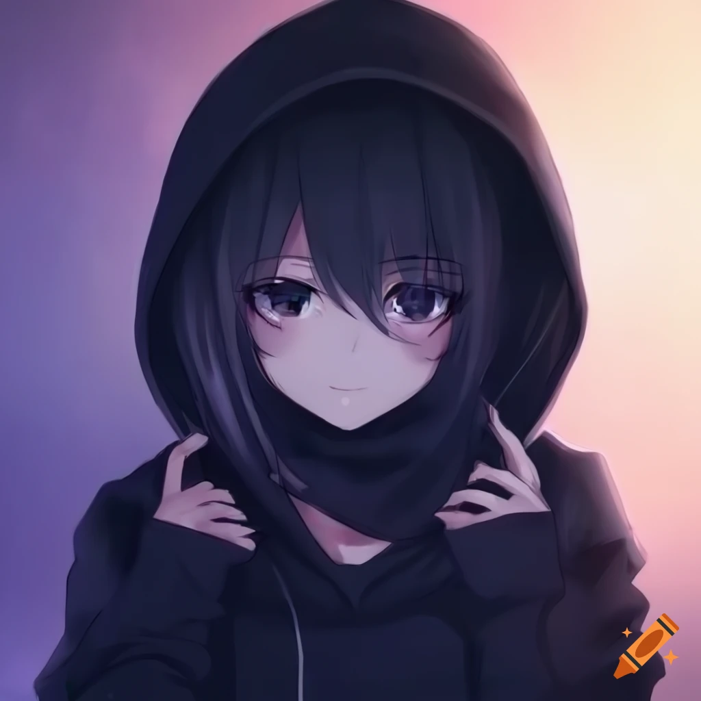 Anime girl with a black hoodie and mysterious look on Craiyon