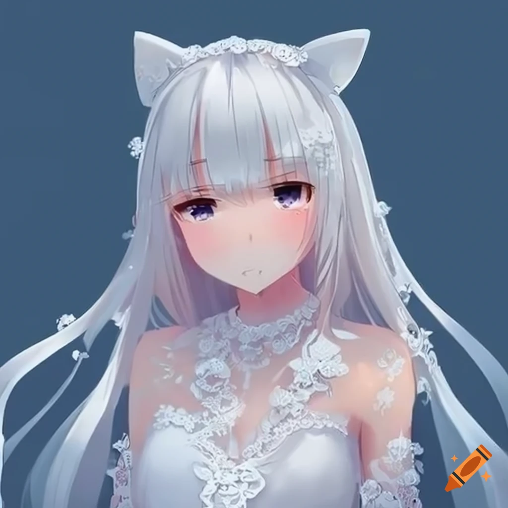 Kawaii Anime Neko Cat Girl With white hair