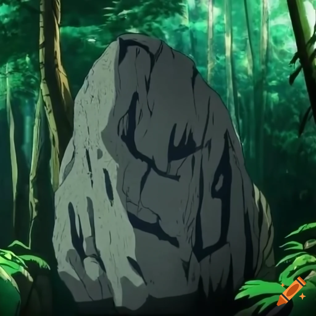 Jungle Rocks Anime Gray rock in the middle of the jungle on Craiyon