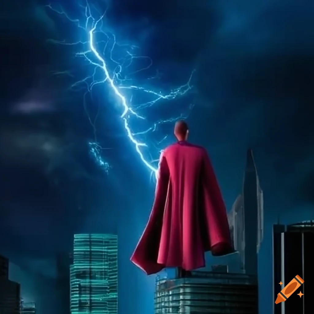 Superhero being struck by lightning on a skyscraper on Craiyon