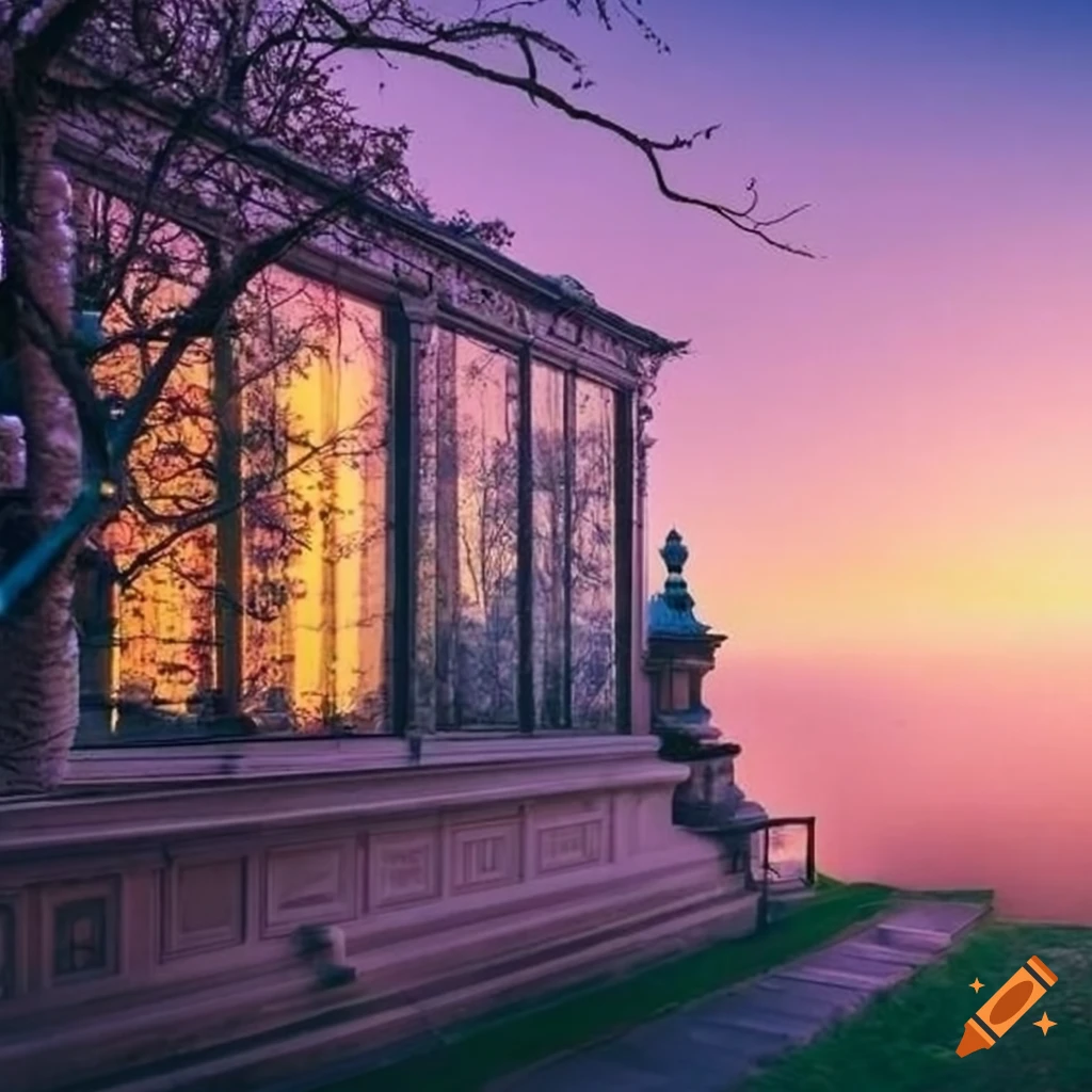 Dawn view of a garden house with crystal windows on Craiyon