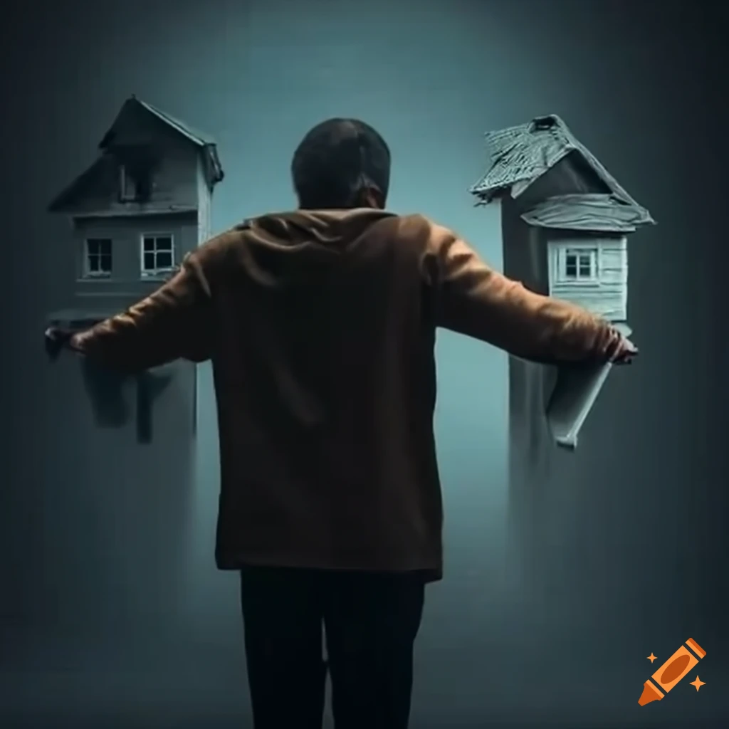 man carrying a house and furniture on his back