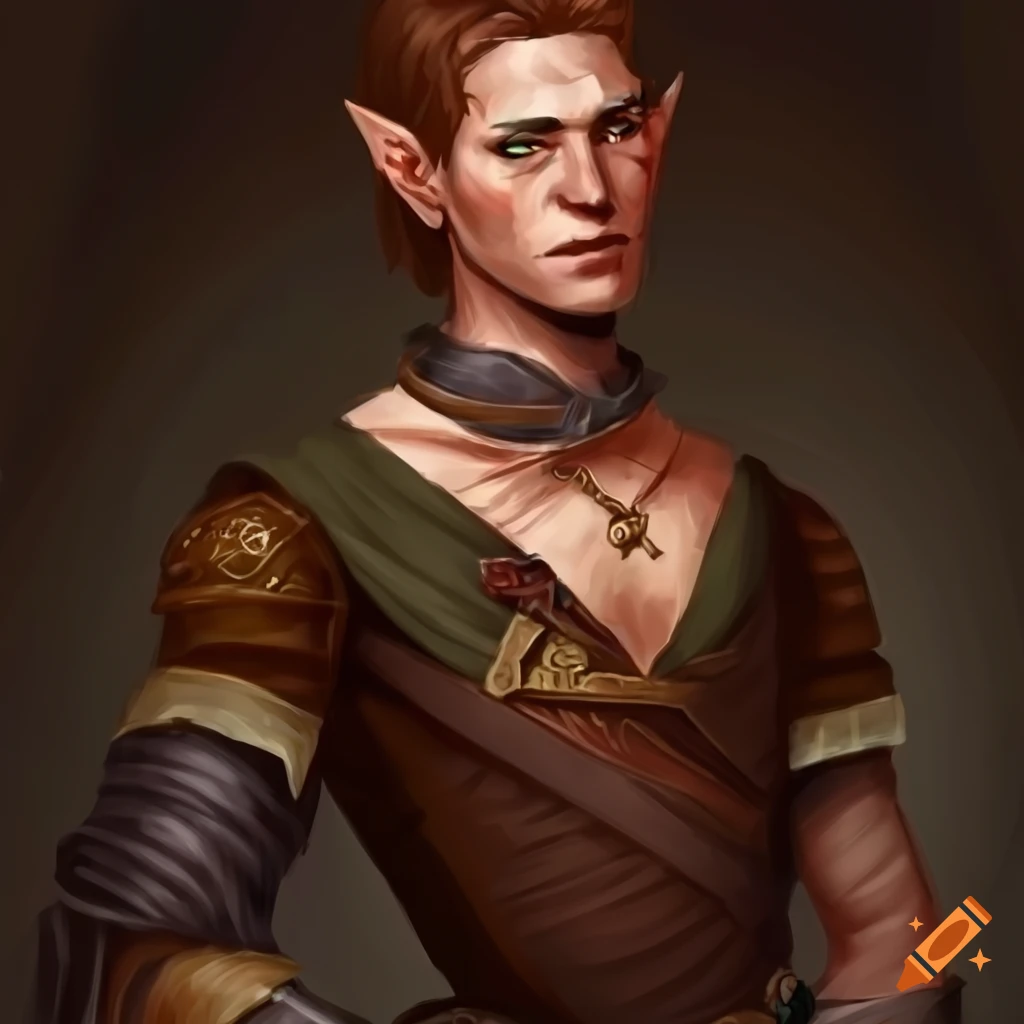 illustration of a male half elf bard with brown hair