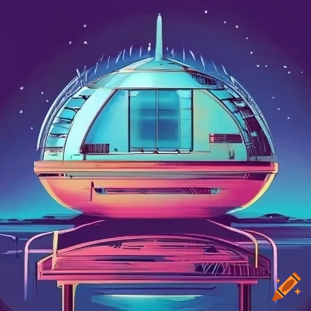retro-futuristic illustration of a living pod with unique landing stilts