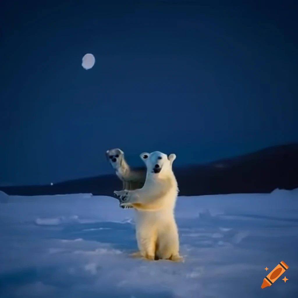 polar bear standing on snow at night