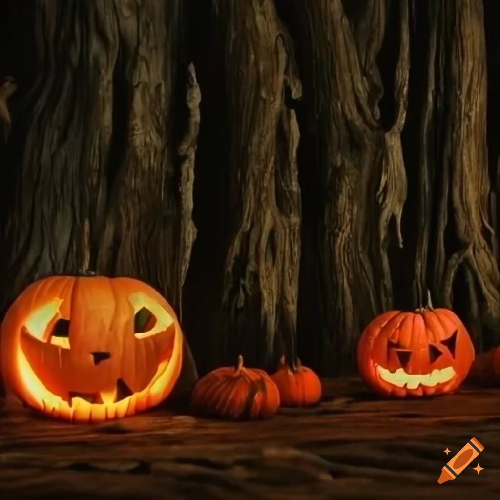 Cinematic tim burton style moonlit scene with pine wood and pumpkins on ...