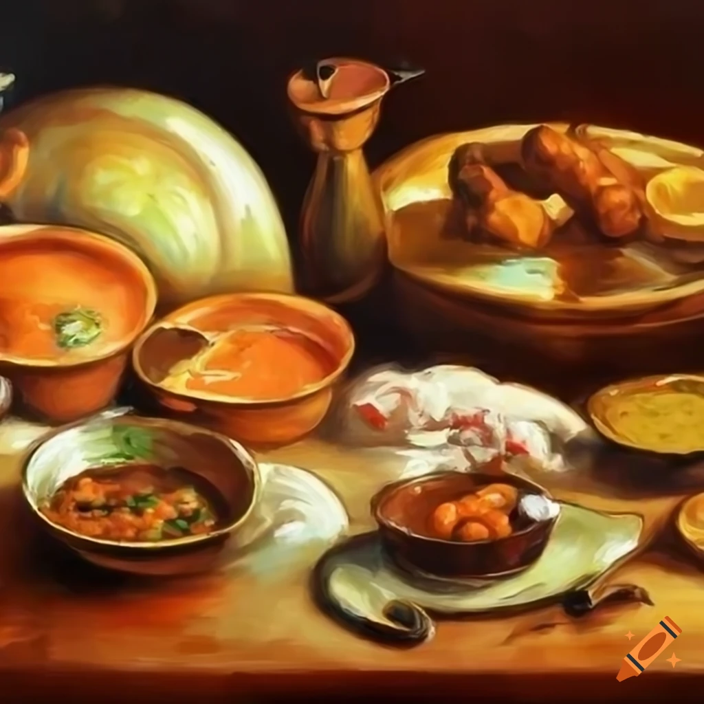 still life oil painting of Indian dishes on a table