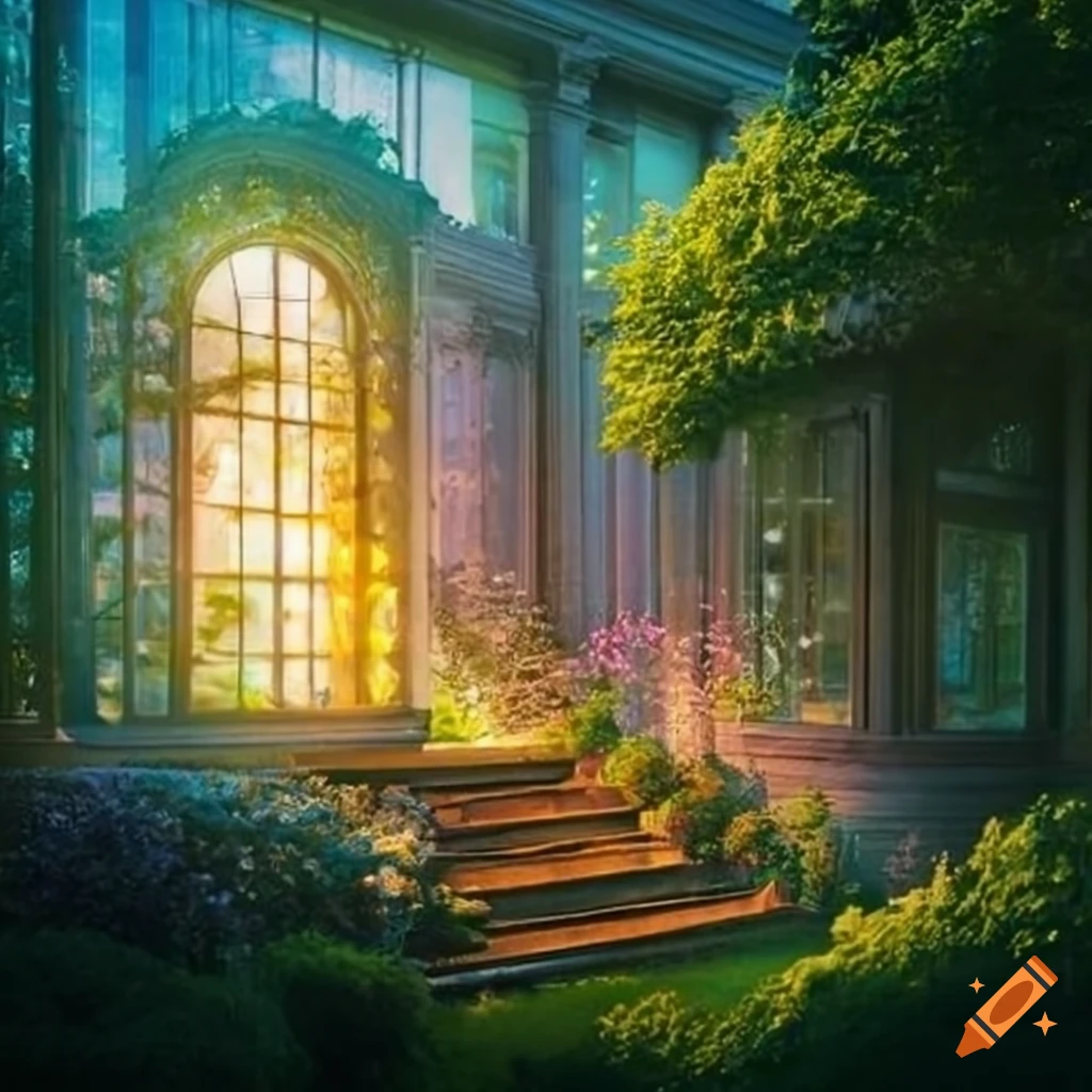 View through crystal window in dresden garden house