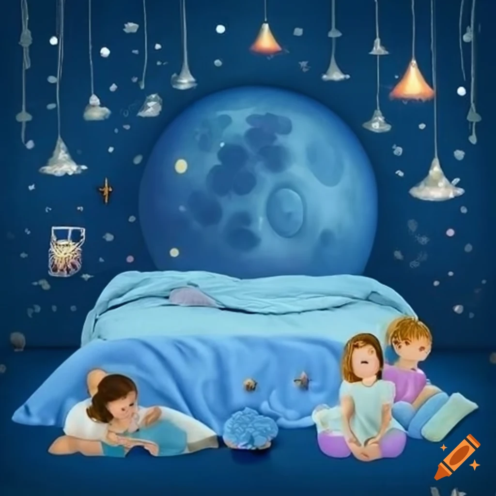Blue kids bedroom with a moon theme on Craiyon