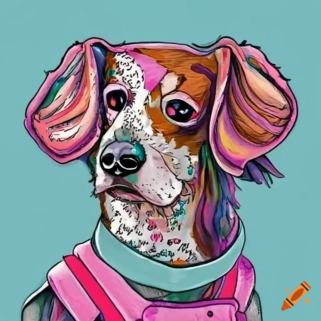 Picture of a dachshund wearing pink overalls on Craiyon