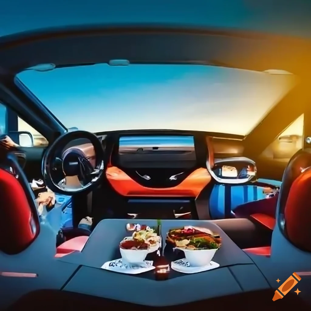 happy couple enjoying a meal inside a futuristic car