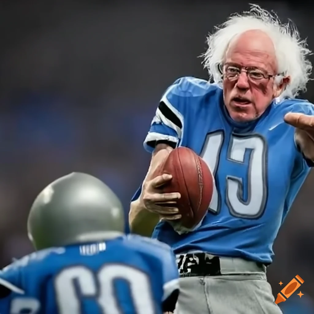Bernie sanders playing football for the detroit lions on Craiyon