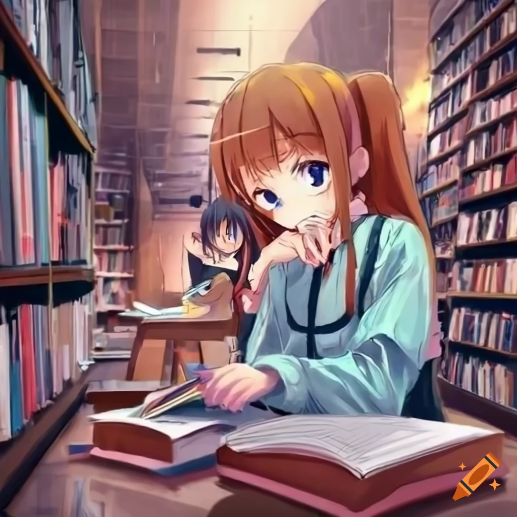 anime girl studying in a magic library in the style of | Stable Diffusion