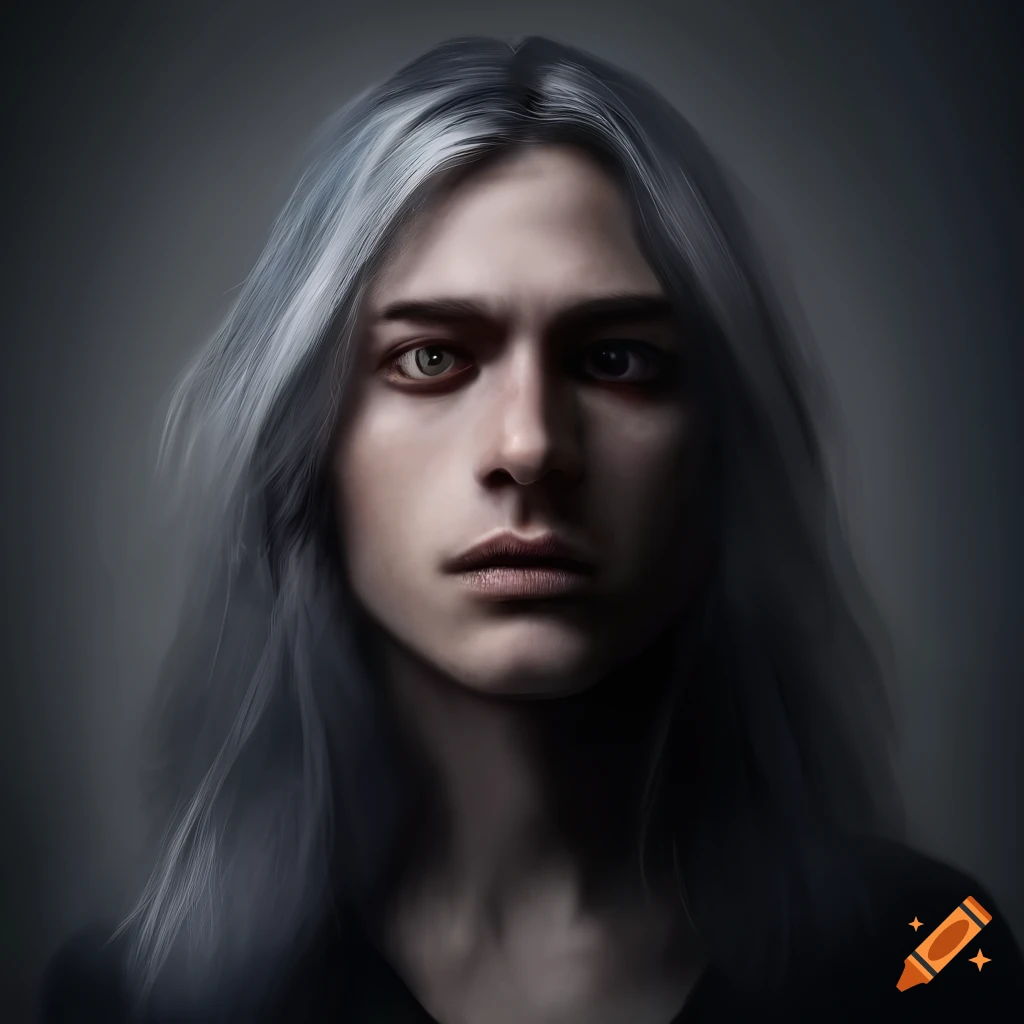 portrait of a young man with grey skin and long white hair