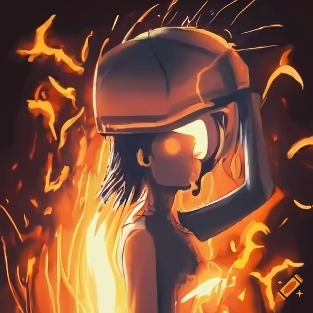 Anime style woman welding in a workshop