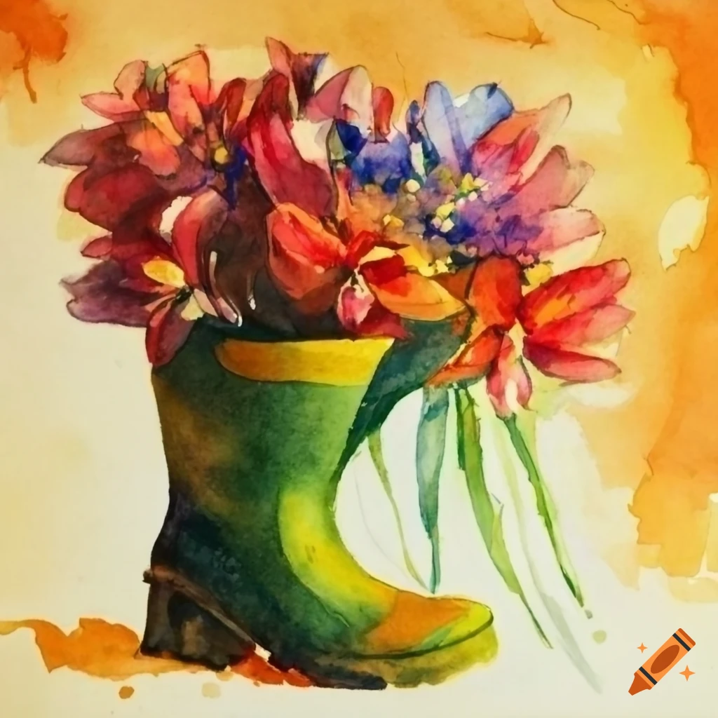 watercolor painting of flowers in a rubber boot