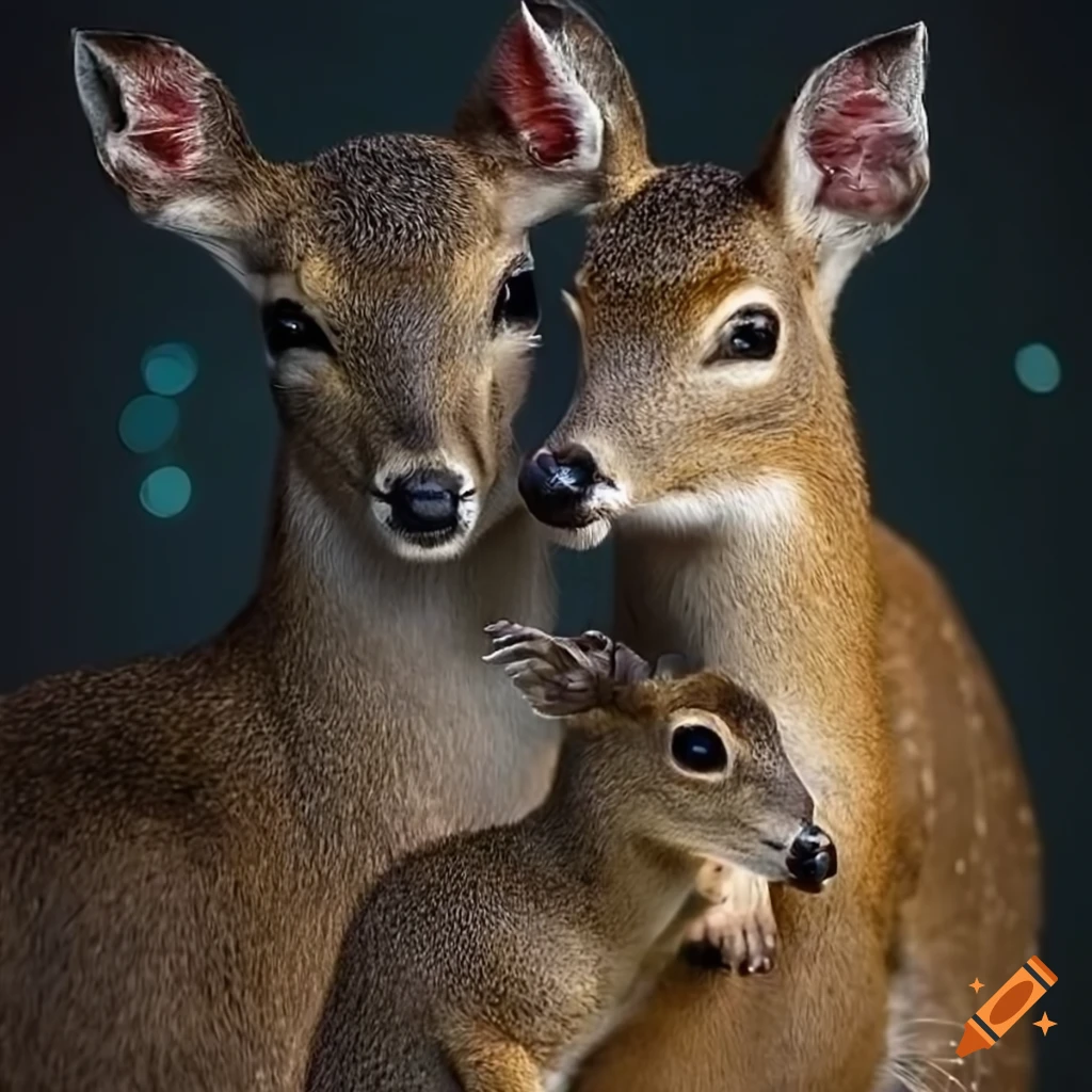 family portrait of deer, squirrel, and satyr